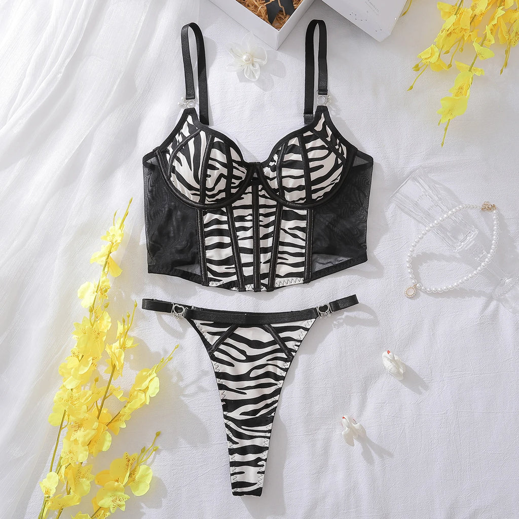Ellolace Lingeries Sexy Hot Seductive Zebra Print 2PC Set Fantasy Women's Ethical Underwear