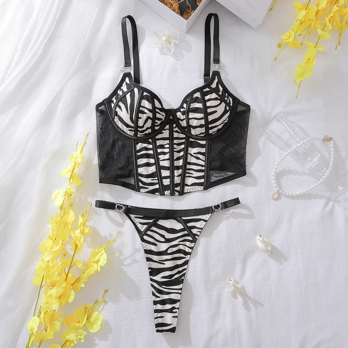 Ellolace Lingeries Sexy Hot Seductive Zebra Print 2PC Set Fantasy Women's Ethical Underwear